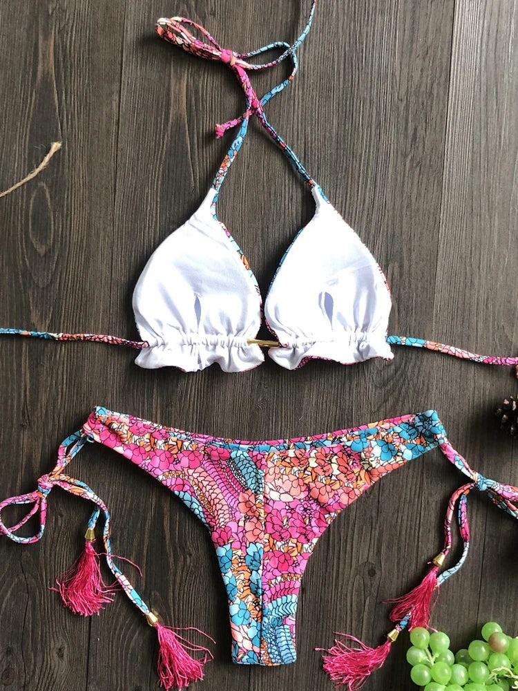 Sexy Floral Print String Bikini Set – Push-Up Swimsuit for Women
