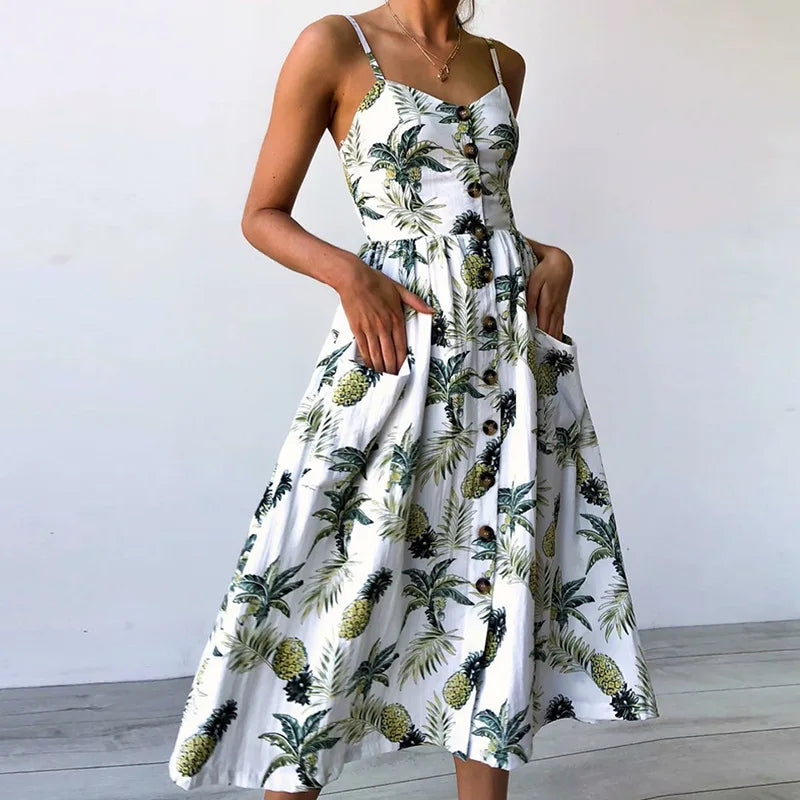 Printed Sleeveless V-Neck Summer Dress