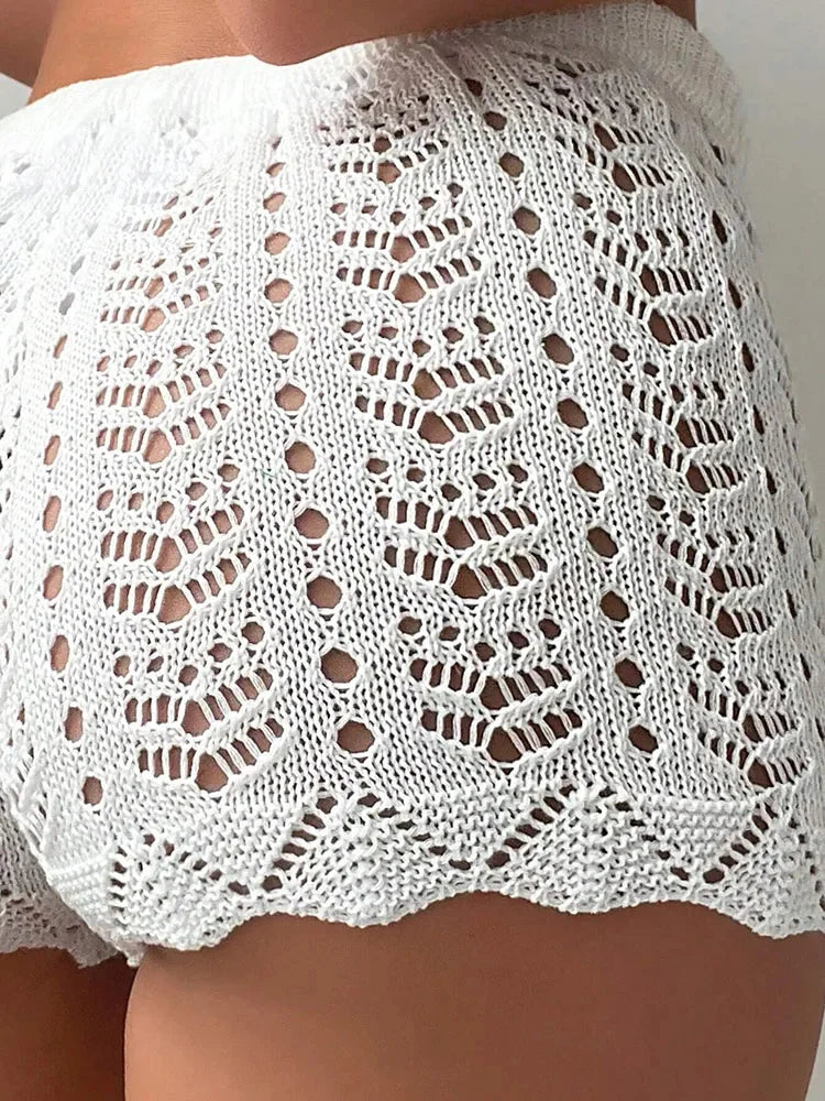 Hollow Drawstring Open Waist Knitted Shorts