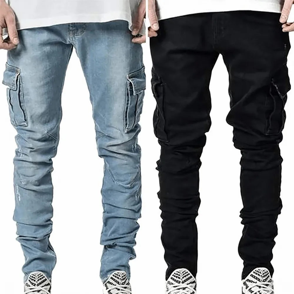 Elastic Denim Cargo Pants with Pockets