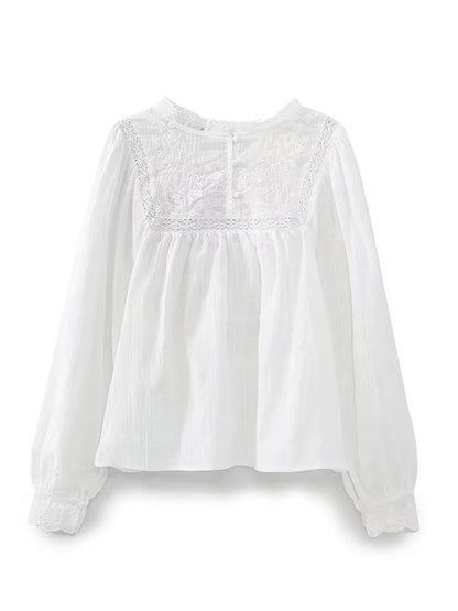 Women Fashion Embroidery White Hollow Out Blouse