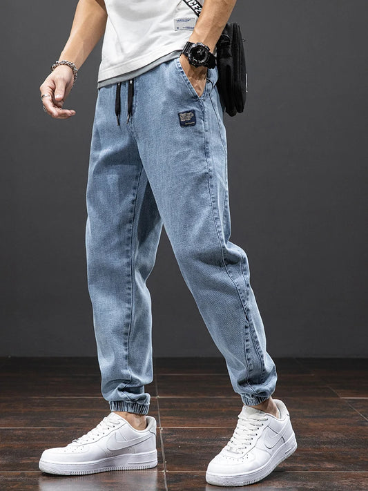 Black Blue Cargo Denim Jogger Pants