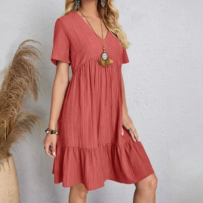 Spring V-Neck Short Sleeve Loose Waist Dress
