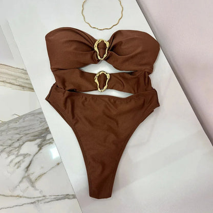 Colors Sexy Metal Rings Cut Out One-Piece Swimsuit