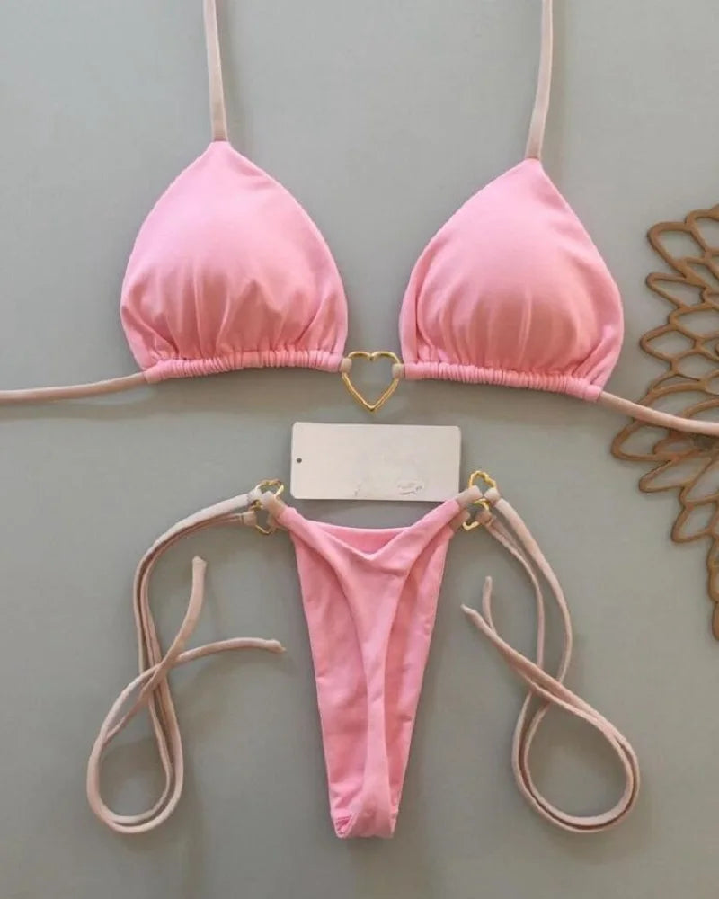 Sexy Solid Color Halter Bikini Set – Women's Triangle Thong Swimwear