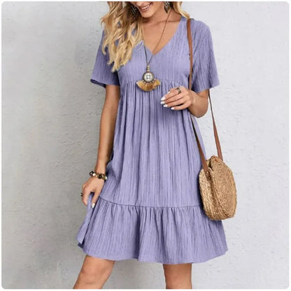 Spring V-Neck Short Sleeve Loose Waist Dress
