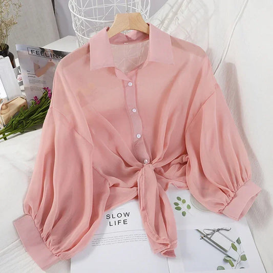 Elegant Solid Color Tied Waist Blouse