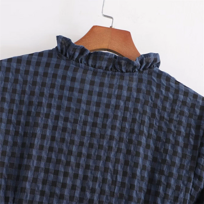 Fashion temperament casual versatile bubble sleeve plaid long jumpsuit