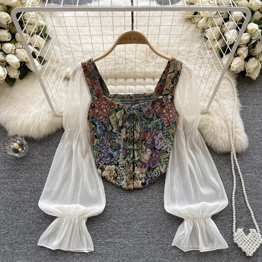 Retro Rose Print Gothic Long Sleeve Blouse