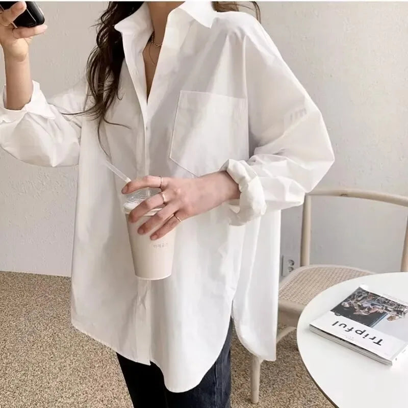 Elegant White Cotton Long Sleeve Blouse