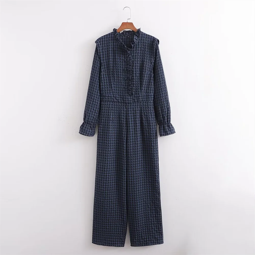 Fashion temperament casual versatile bubble sleeve plaid long jumpsuit