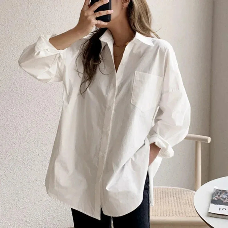 Elegant White Cotton Long Sleeve Blouse