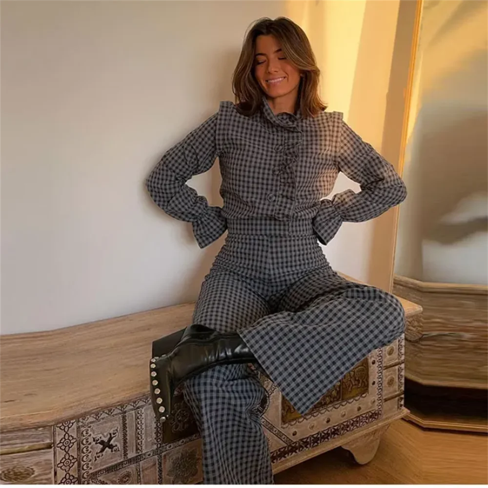 Fashion temperament casual versatile bubble sleeve plaid long jumpsuit