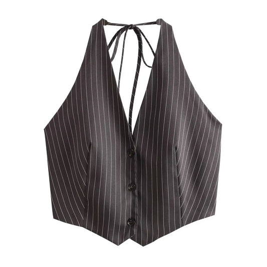 Backless Bow Tied Striped Sleeveless Blouse
