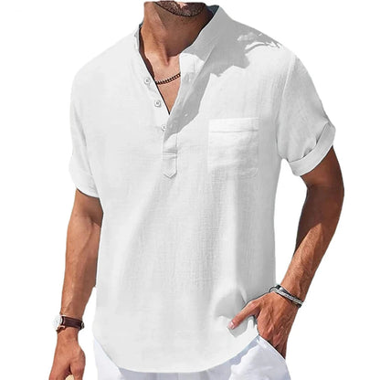 Casual Stand-Up Collar Linen Short Sleeve Shirt