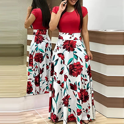 Printed Pleated Crew Neck Maxi Dress