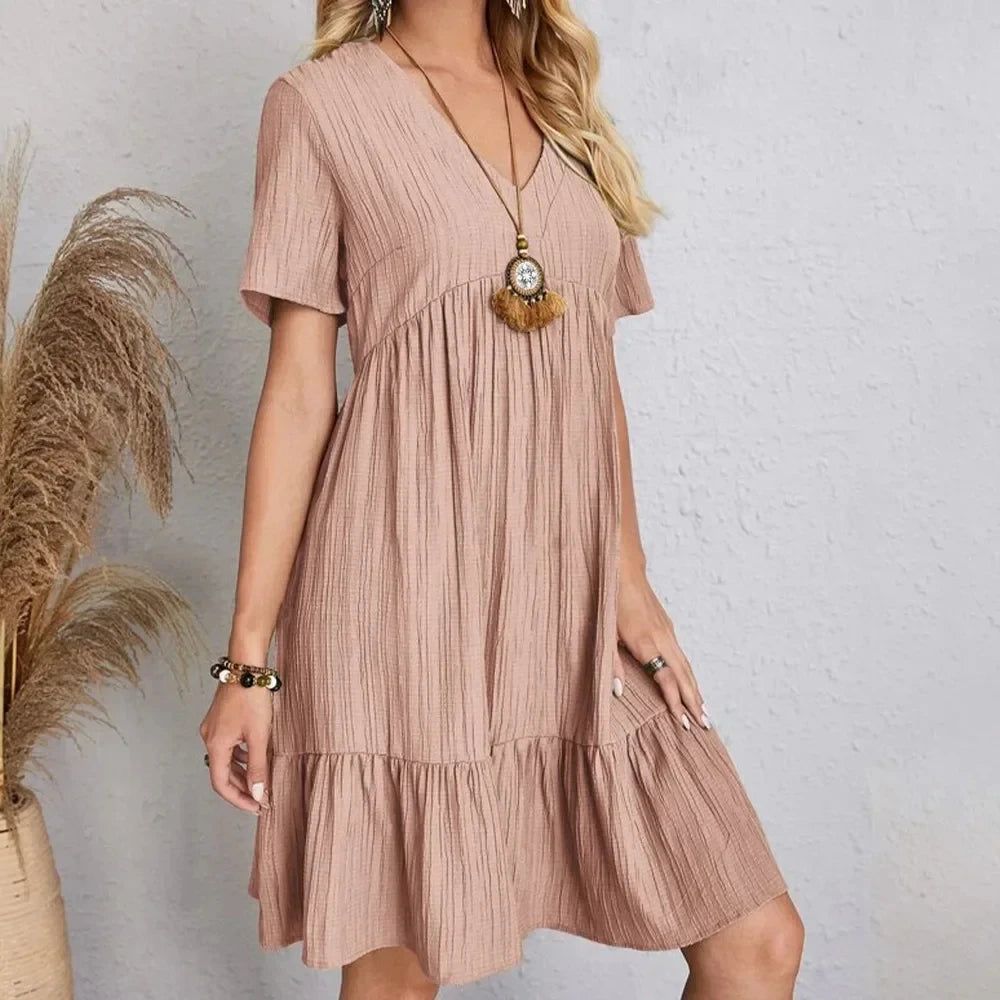 Spring V-Neck Short Sleeve Loose Waist Dress