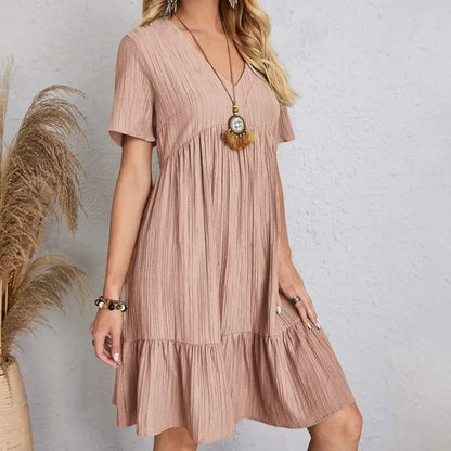 Spring V-Neck Short Sleeve Loose Waist Dress