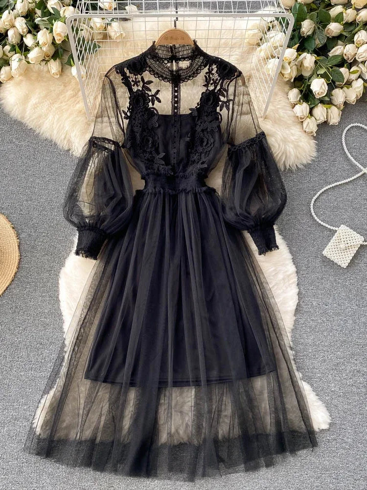 Lantern Sleeve High Waist Slim Female Dress
