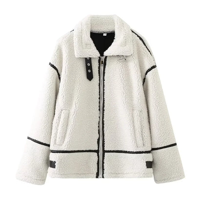 Women's Wool Contrast Color Plush Warm Jacket