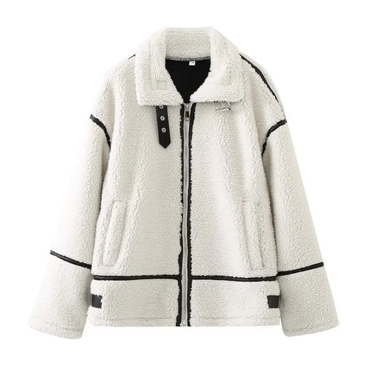 Women's Wool Contrast Color Plush Warm Jacket