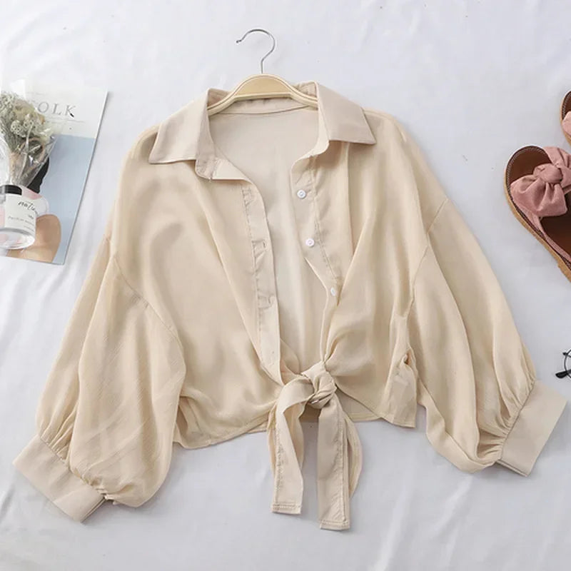 Elegant Solid Color Tied Waist Blouse