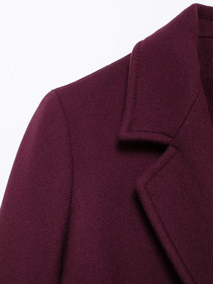 Women Fashion Burgundy Woolen Coat Double Breasted Jacket