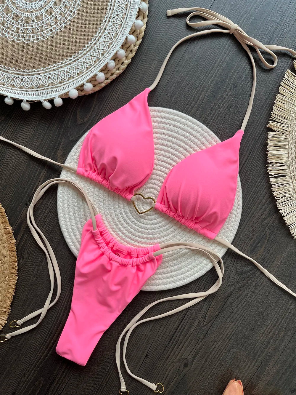 Sexy Solid Color Halter Bikini Set – Women's Triangle Thong Swimwear