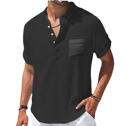 Casual Stand-Up Collar Linen Short Sleeve Shirt
