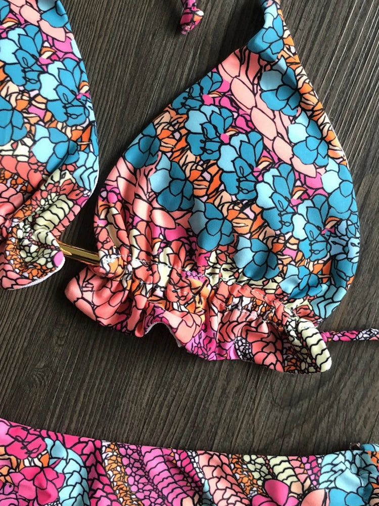 Sexy Floral Print String Bikini Set – Push-Up Swimsuit for Women