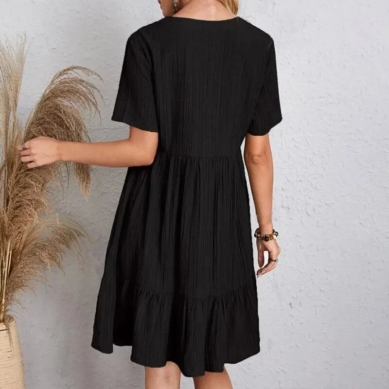 Spring V-Neck Short Sleeve Loose Waist Dress