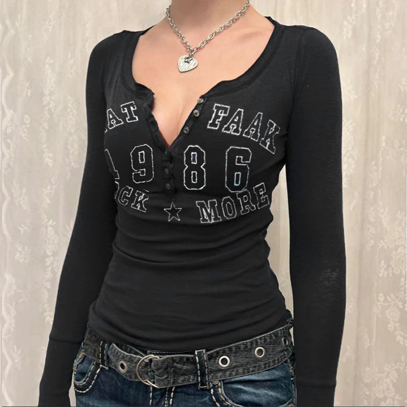 Letter Print Long Sleeve Bodycon T-Shirt
