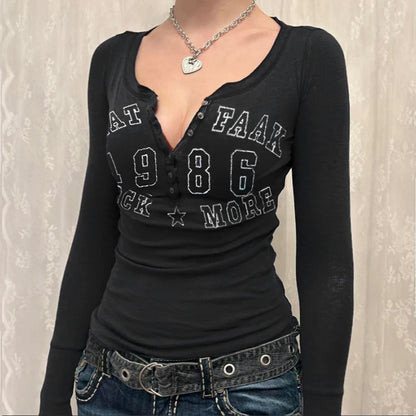 Letter Print Long Sleeve Bodycon T-Shirt