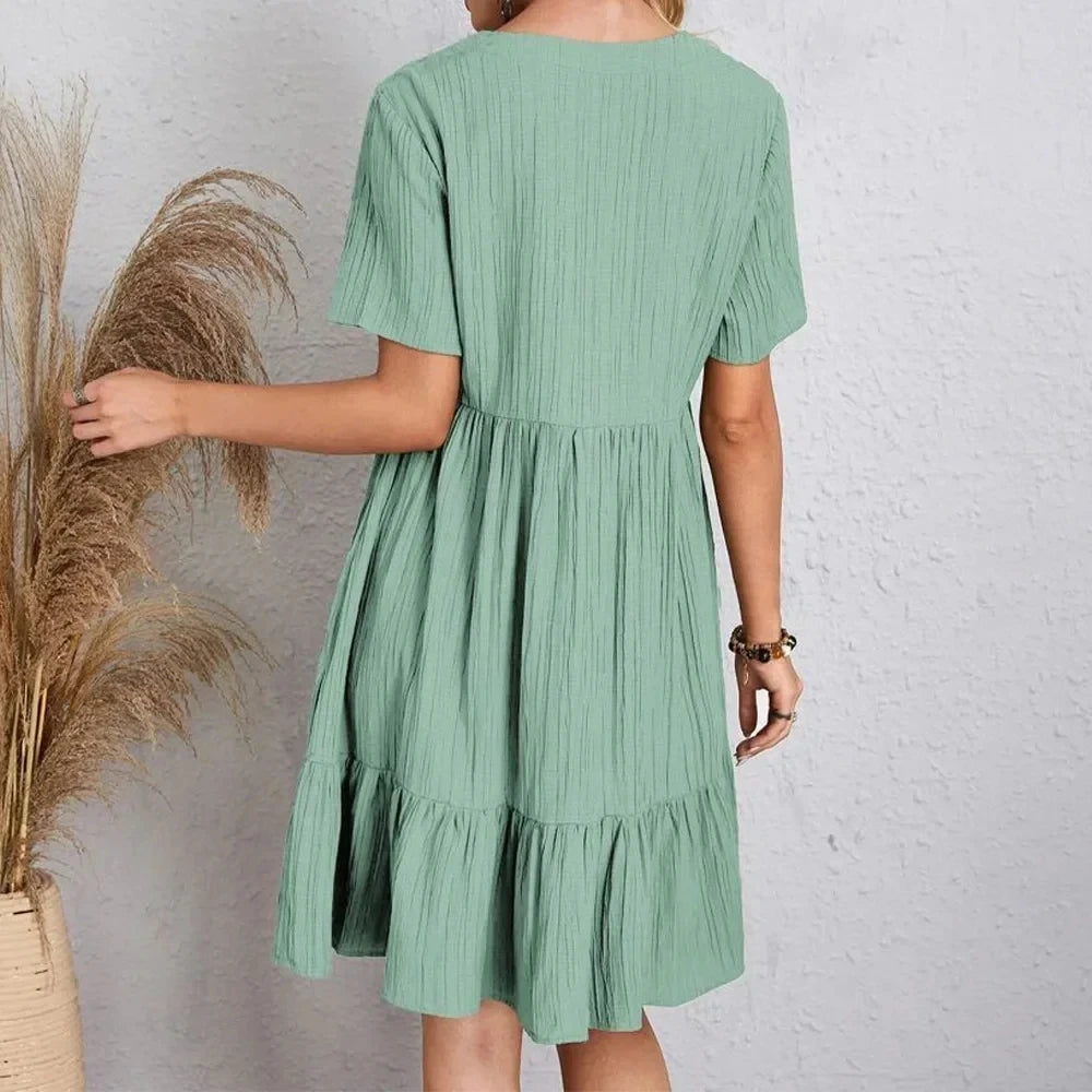 Spring V-Neck Short Sleeve Loose Waist Dress