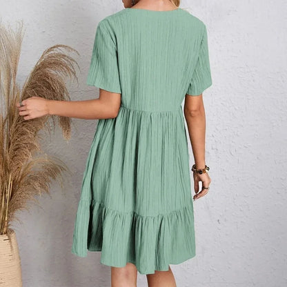 Spring V-Neck Short Sleeve Loose Waist Dress
