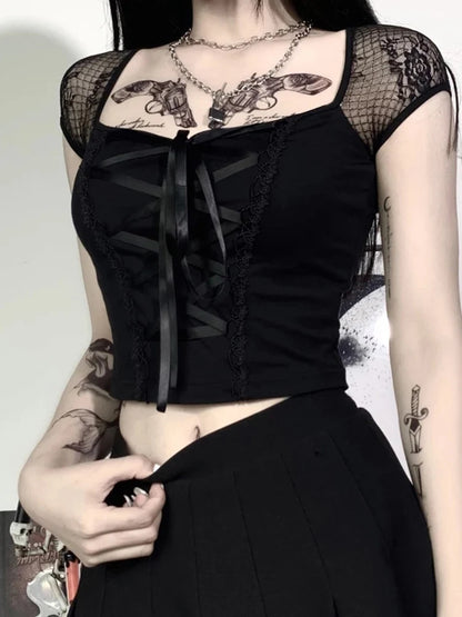 Vintage Gothic Bandage Lace Mesh Tee – Sexy Streetwear Vibes