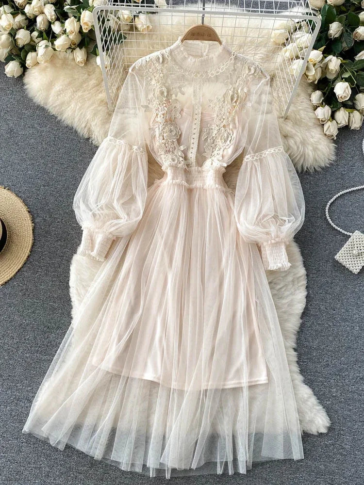 Lantern Sleeve High Waist Slim Female Dress