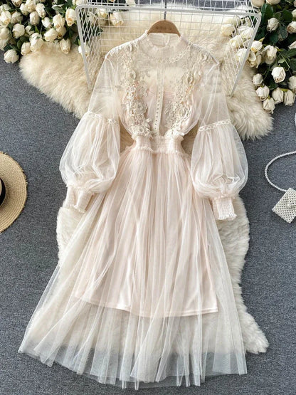 Lantern Sleeve High Waist Slim Female Dress