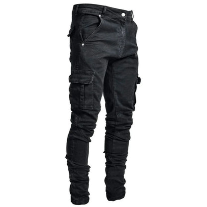 Elastic Denim Cargo Pants with Pockets