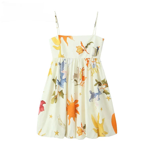 Fashion Printing Loose Side Zip Sleeveless Backless Sling Mini Dress