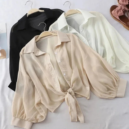 Elegant Solid Color Tied Waist Blouse