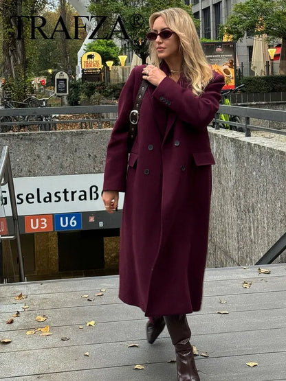 Women Fashion Burgundy Woolen Coat Double Breasted Jacket