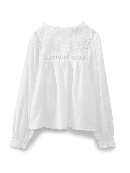 Women Fashion Embroidery White Hollow Out Blouse