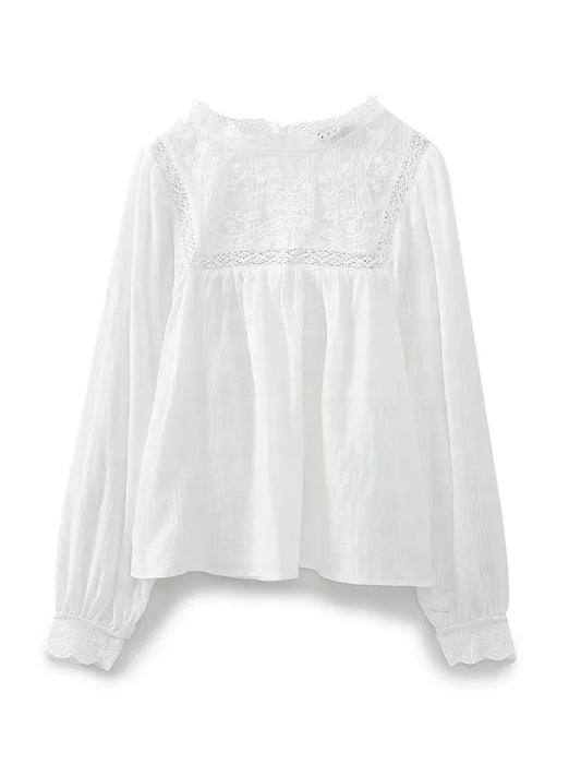 Women Fashion Embroidery White Hollow Out Blouse