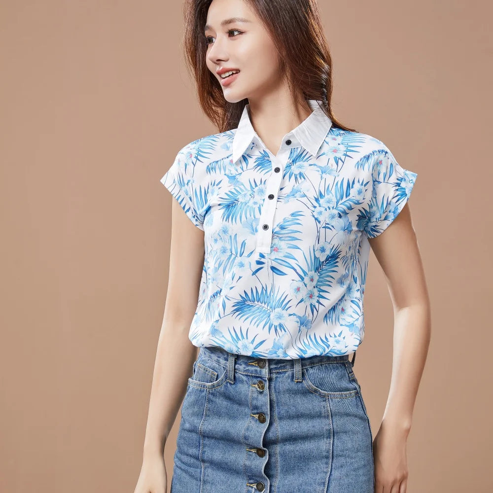 Chiffon Printed Turn-Down Collar Blouse