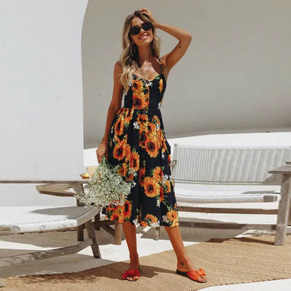 Printed Sleeveless V-Neck Summer Dress