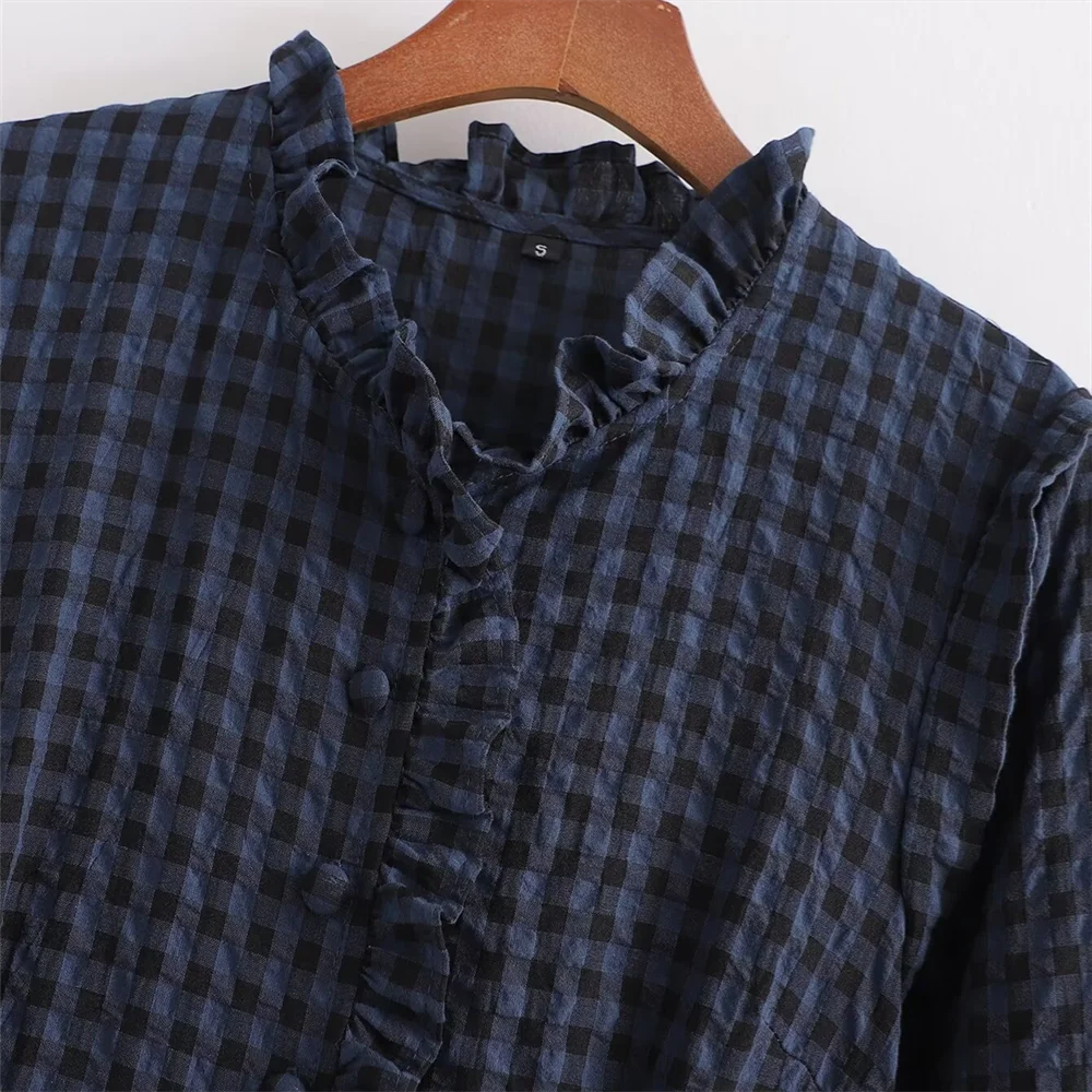 Fashion temperament casual versatile bubble sleeve plaid long jumpsuit