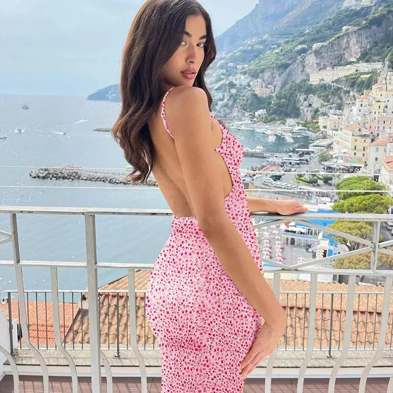 Backless Floral Slim Fit Beach Dress