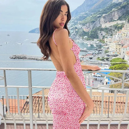 Backless Floral Slim Fit Beach Dress