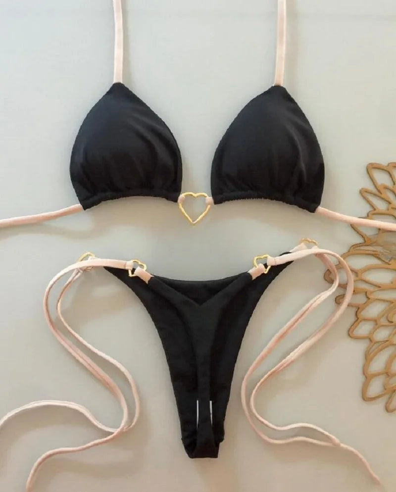 Sexy Solid Color Halter Bikini Set – Women's Triangle Thong Swimwear